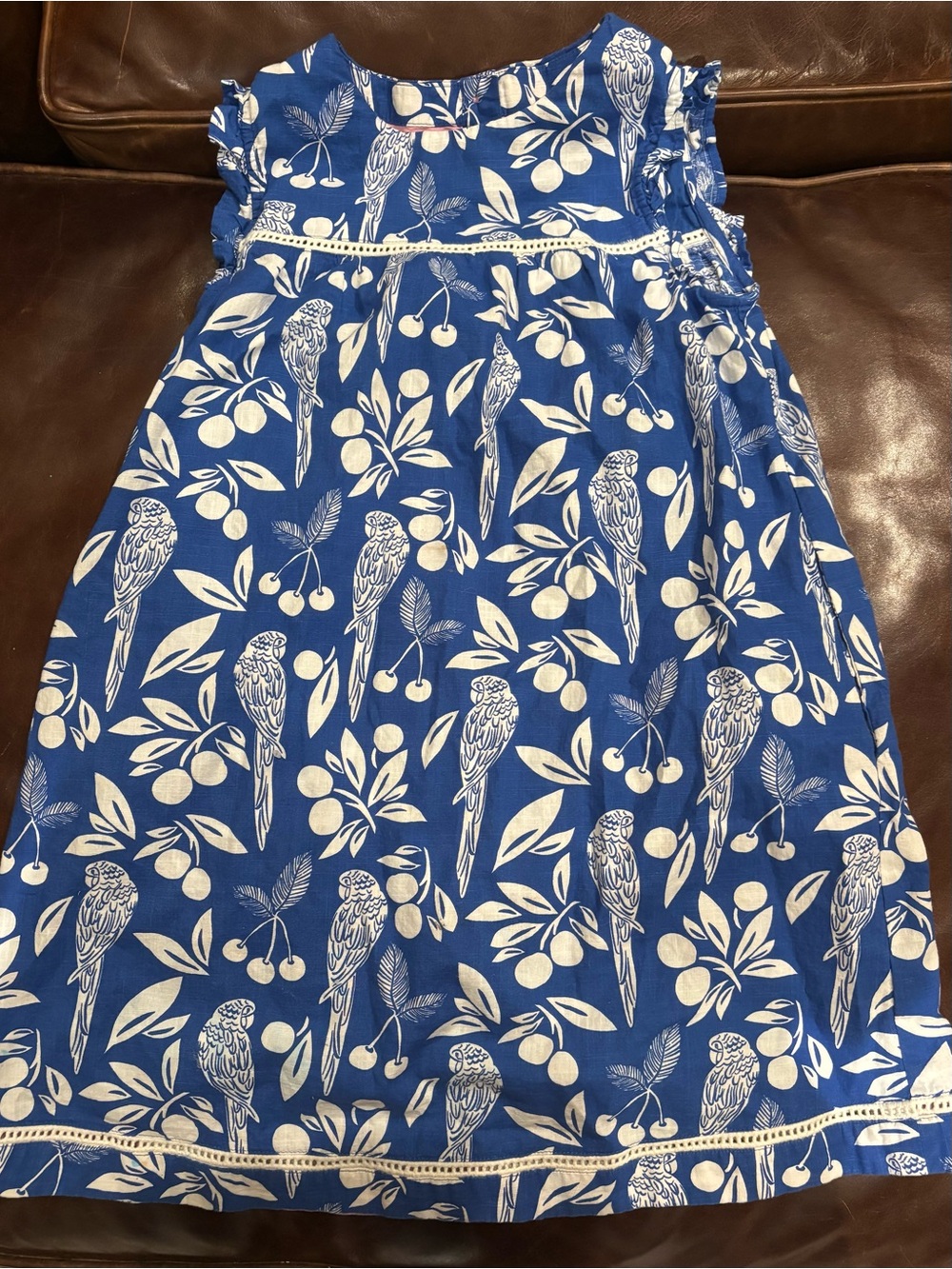Mini Boden Blue Parrot & Cherry Print Dress